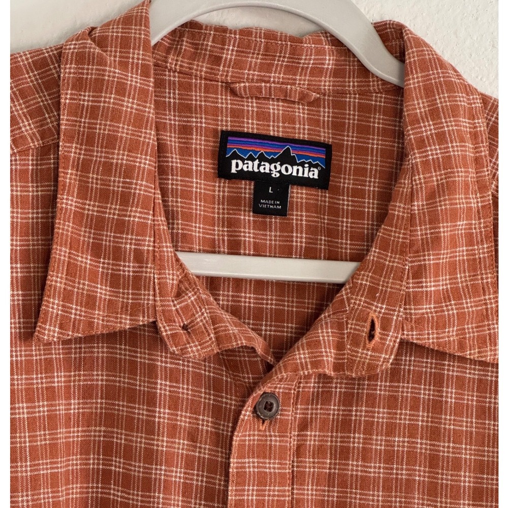 Patagonia Back Step Shirt Mens Large Burnt Orange Plaid Hemp Cotton